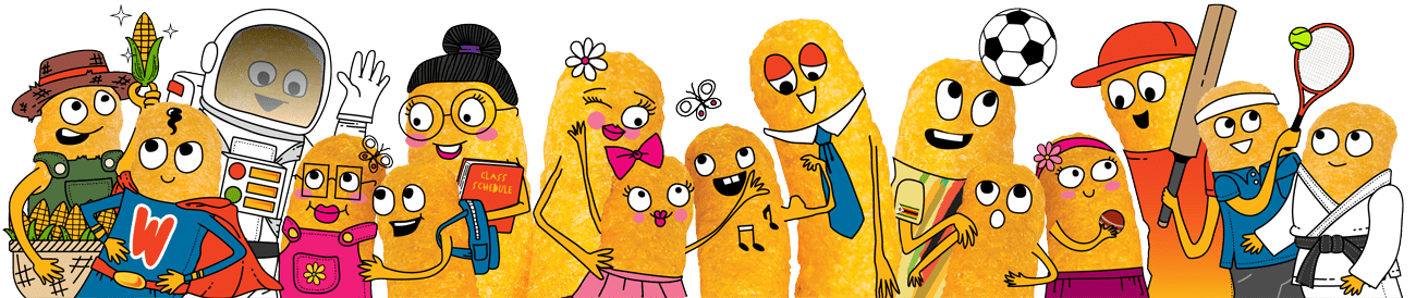 A crowd of Wingo corn snack characters