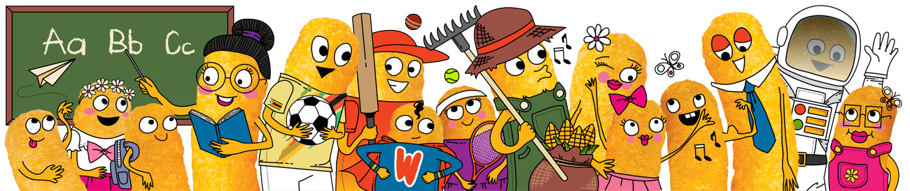 Illustrated Wingo corn snack characters