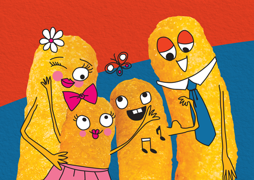 The Wingo Snacks family — four illustrated corn snack characters together