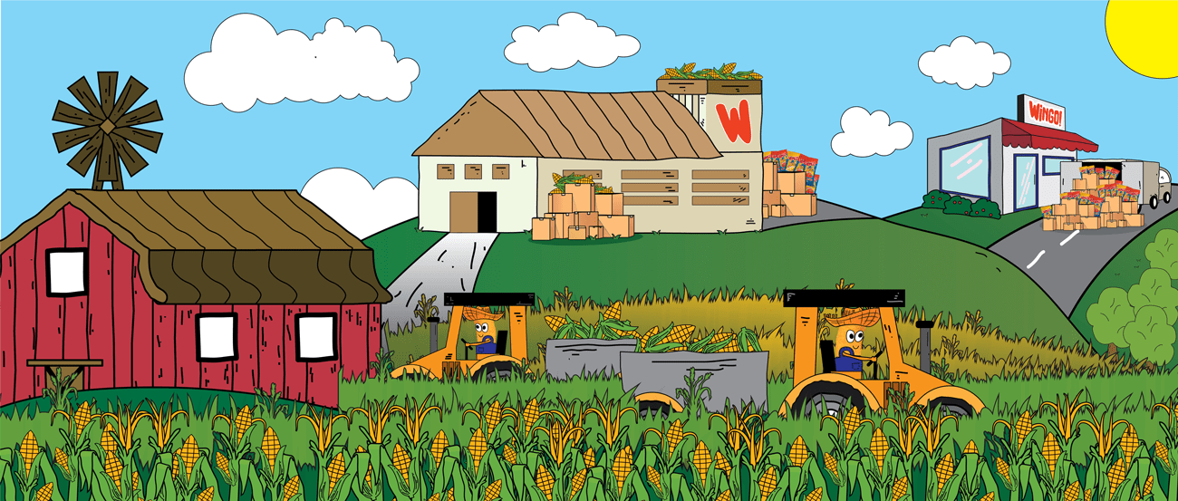 Illustrated journey: corn harvested on a Zimbabwean farm, processed in a factory, and delivered to stores